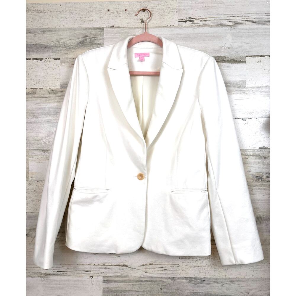 Lilly Pulitzer Womens L White Single Button Jersey Casual Blazer Resort Coastal